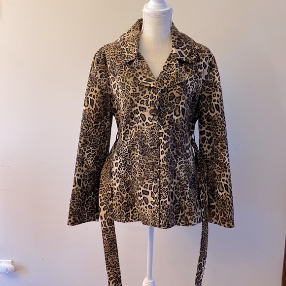 🌹ANIMALPRINT belted blazer / jacket button down lapel collar pockets 💯cotton L - Picture 2 of 14